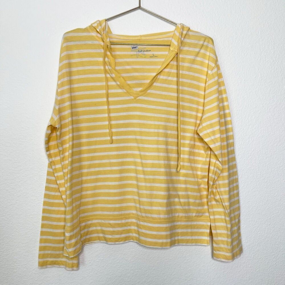 FRESH PRODUCE Striped Top Large Hoodie Pullover Lightweight Butter Yellow Beach
